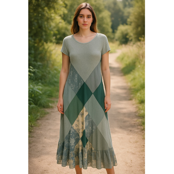 VTG Donna Jessica Asymmetric Multicolor Textured Patchwork Dress Romantic Sz-M - Picture 1 of 13